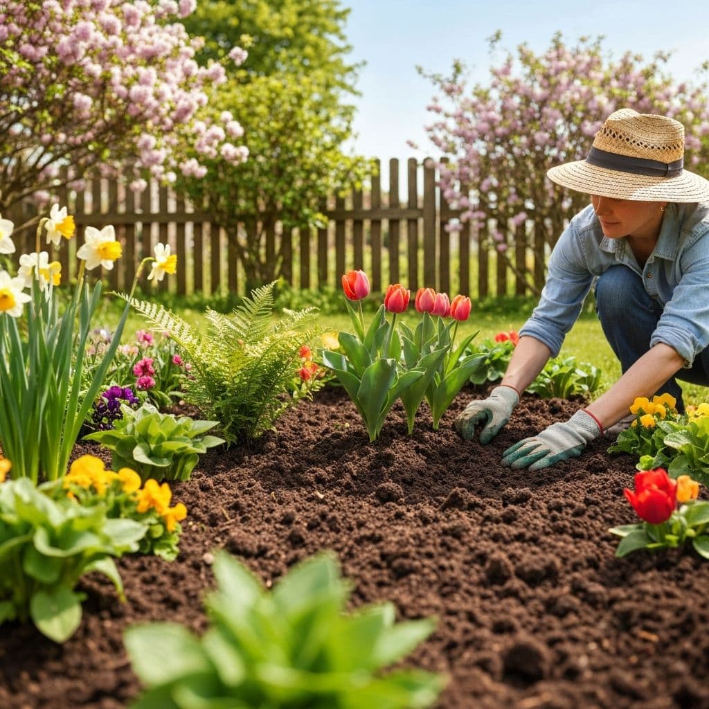 Garten vor der Pflege: hoher Rasen, ungepflegte Beete und Hecken