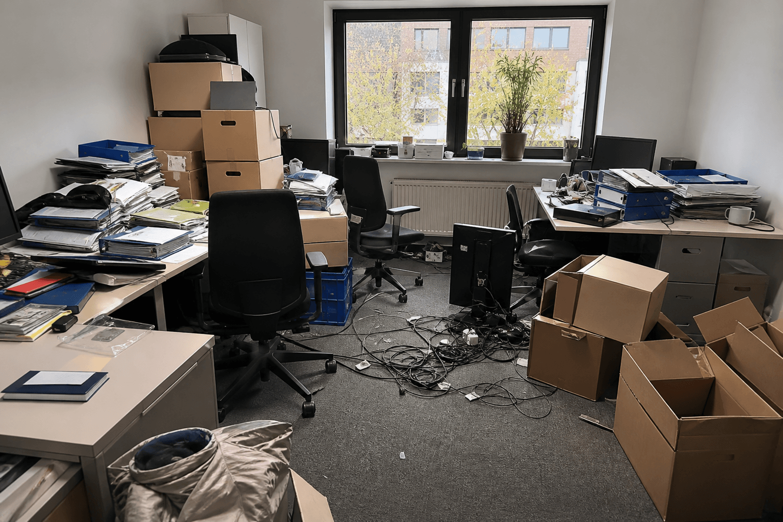 Büro vor dem Umzug: Kartons, Möbel und Umzugsvorbereitung