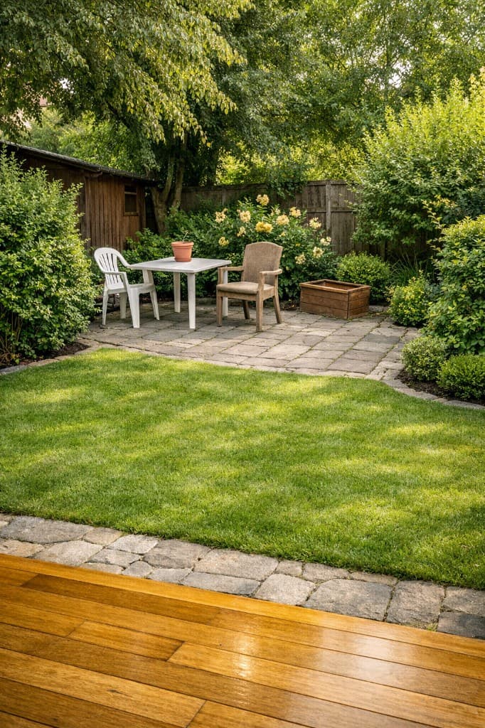 Gepflegter Garten nach Rasenschnitt, Beetpflege und Terrassenreinigung