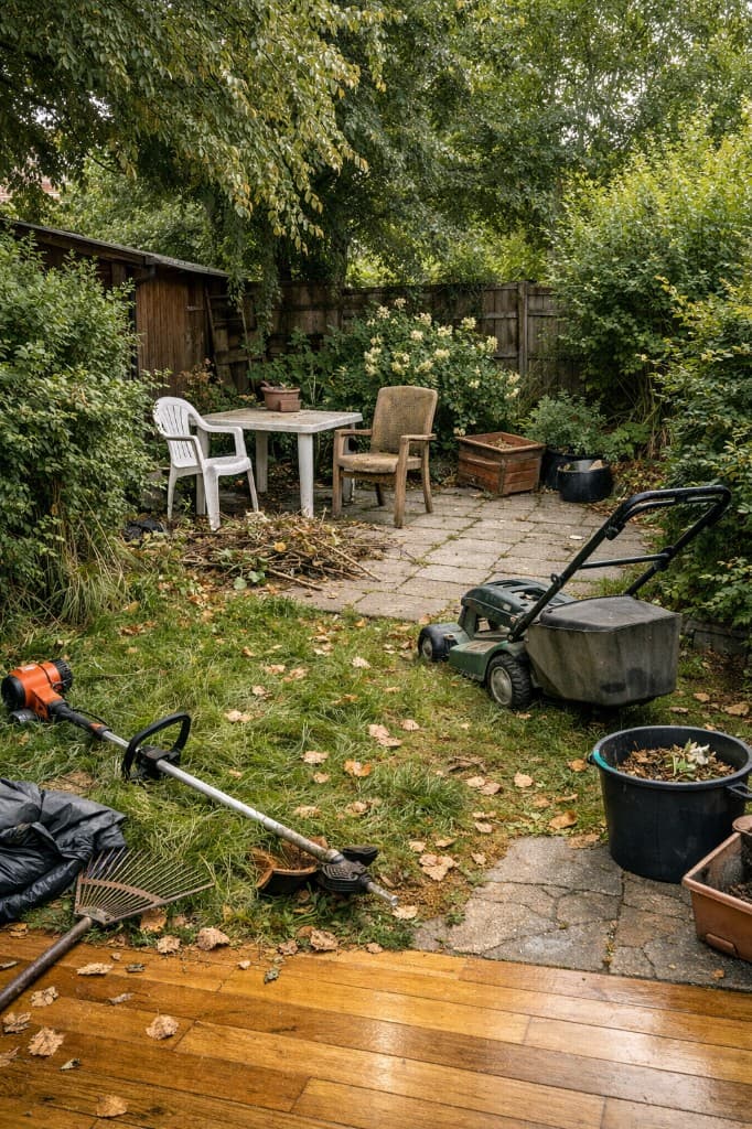 Garten vor der Pflege: ungepflegter Rasen, Gartenwerkzeug und Unordnung auf Terrasse und Rasen