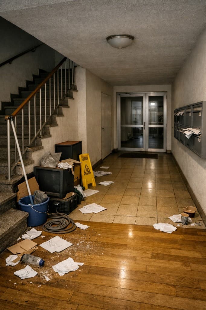 Ungepflegtes Treppenhaus mit Müll, Sperrmüll und Verschmutzungen vor dem Hausmeisterservice