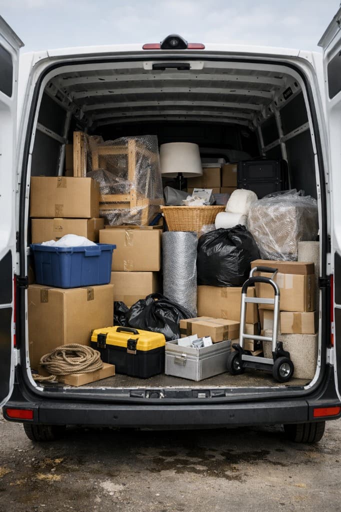 Beladener Transporter mit Kartons, Möbeln und Sperrgut vor dem Kleintransport