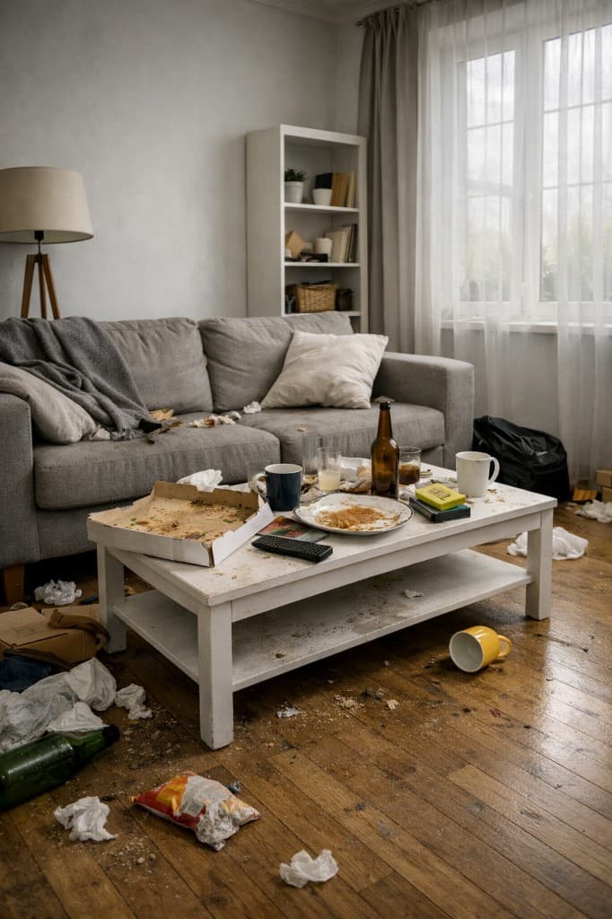 Unordentliches Wohnzimmer mit Müll und Verschmutzungen vor der professionellen Reinigung