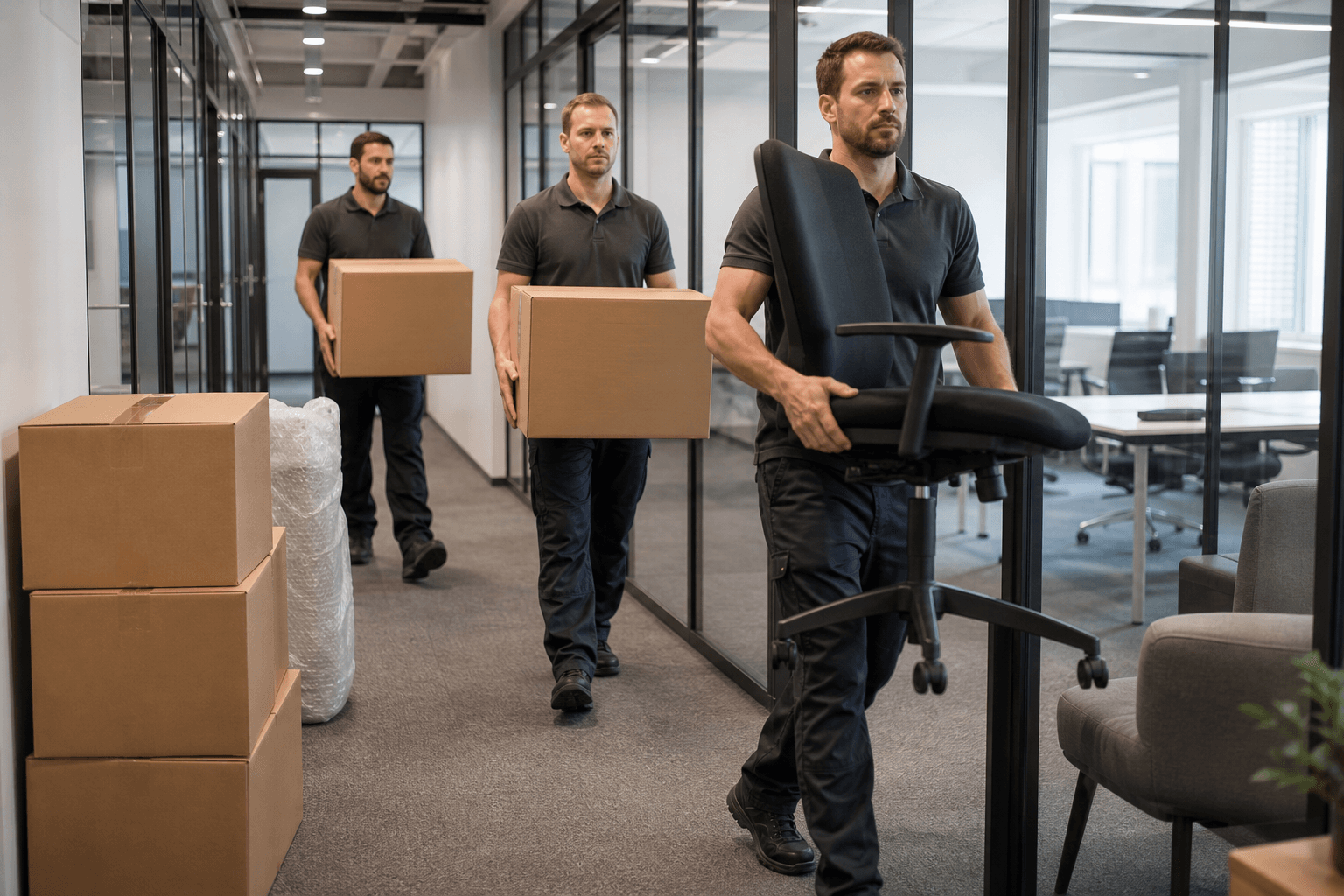 Firmenumzug – Team beim Transport von Büromöbeln und Inventar