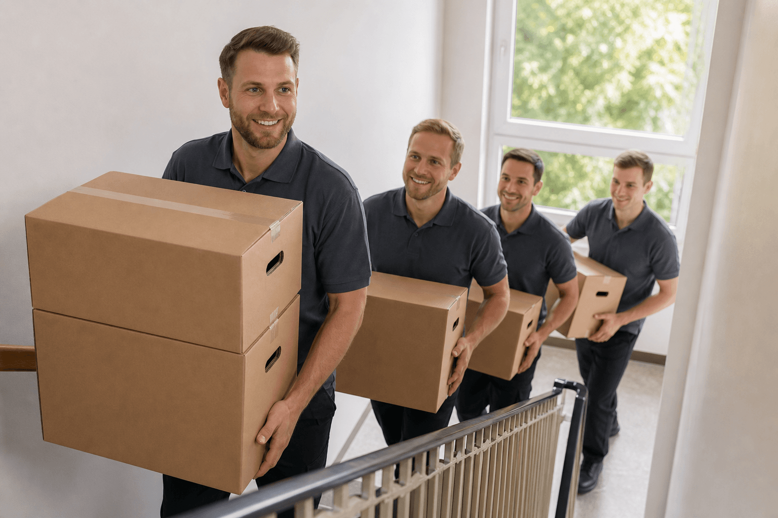 Umzugshelfer beim Tragen von Möbeln und Kartons
