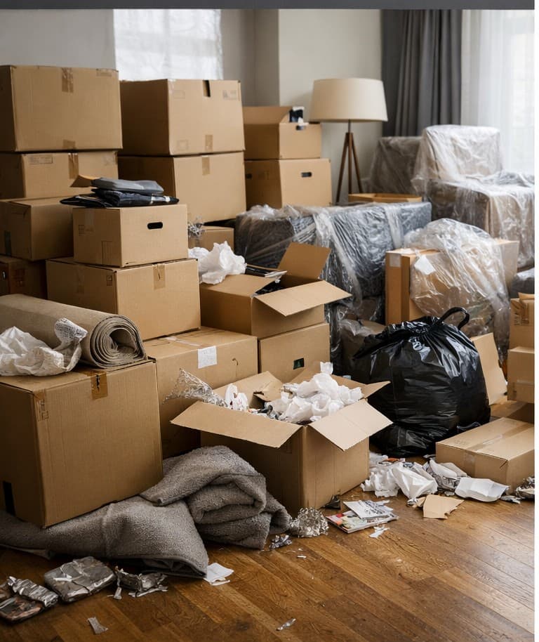 Vor dem Umzug: Wohnung mit Kartons, verpackten Möbeln und Umzugsvorbereitung