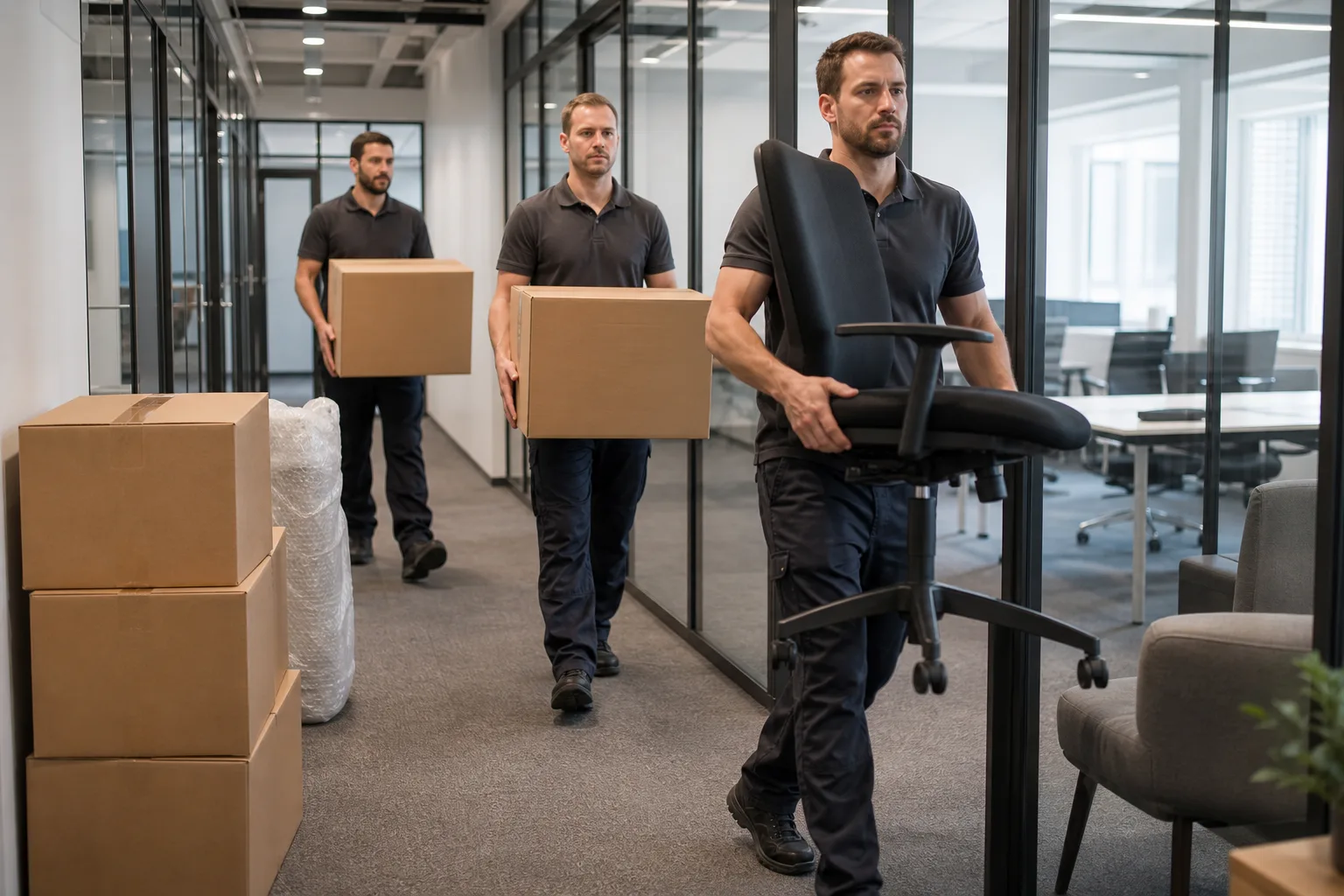 Firmenumzug – Team beim Transport von Büromöbeln und Inventar